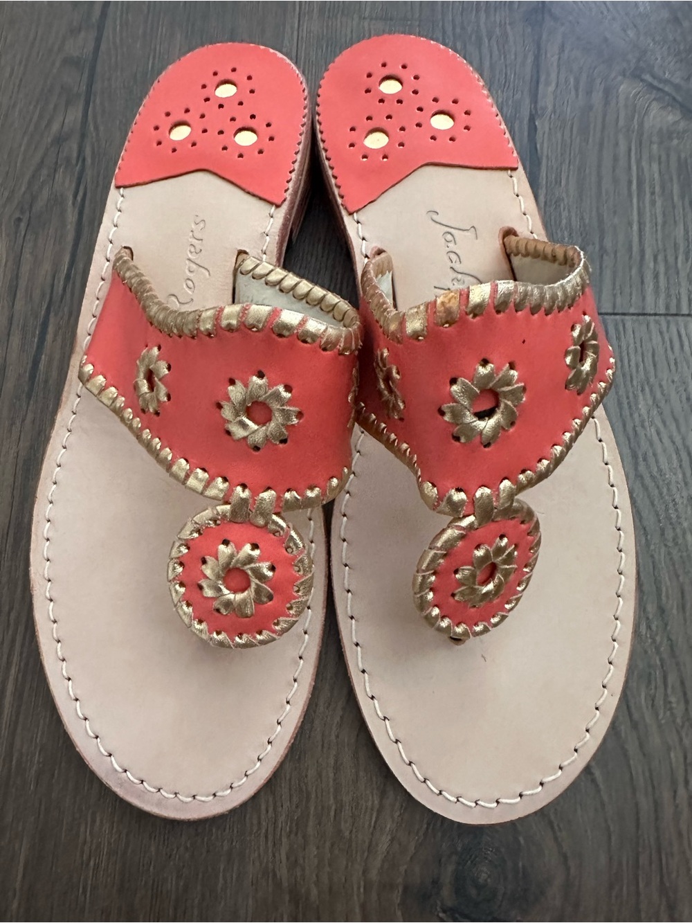Jack Rogers Coral and Gold Leather Thong Sandals